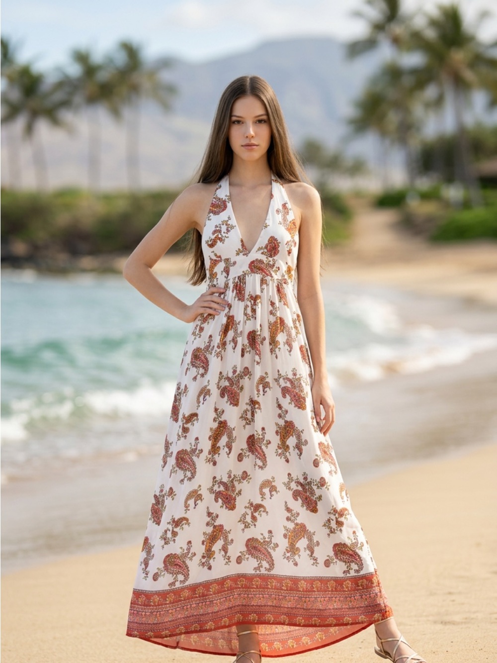 Forever 21 White Maxi Dress with Rust Paisley Print